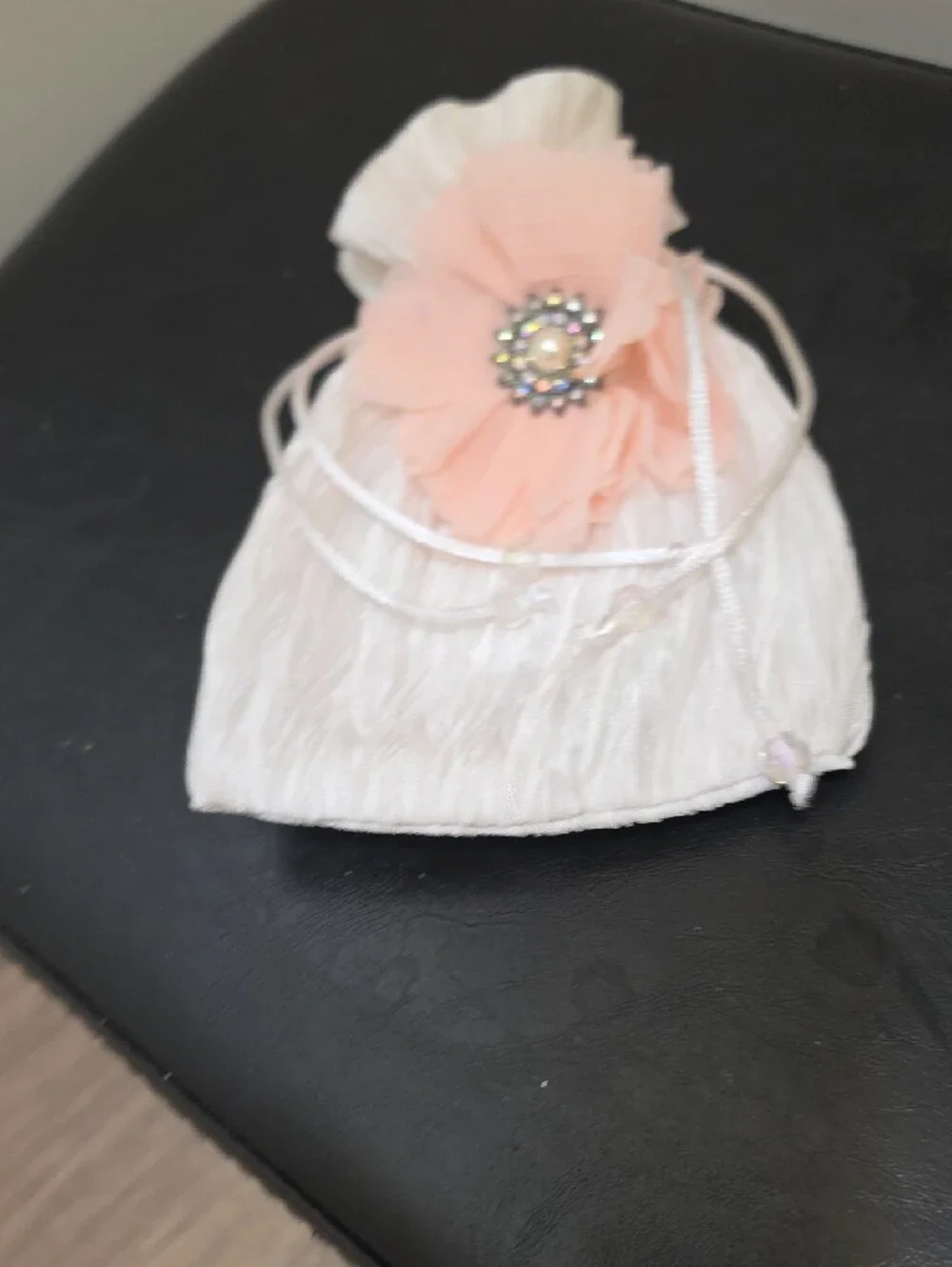 Ivory Satin Drawstring Pouch with Peach Flower Accent